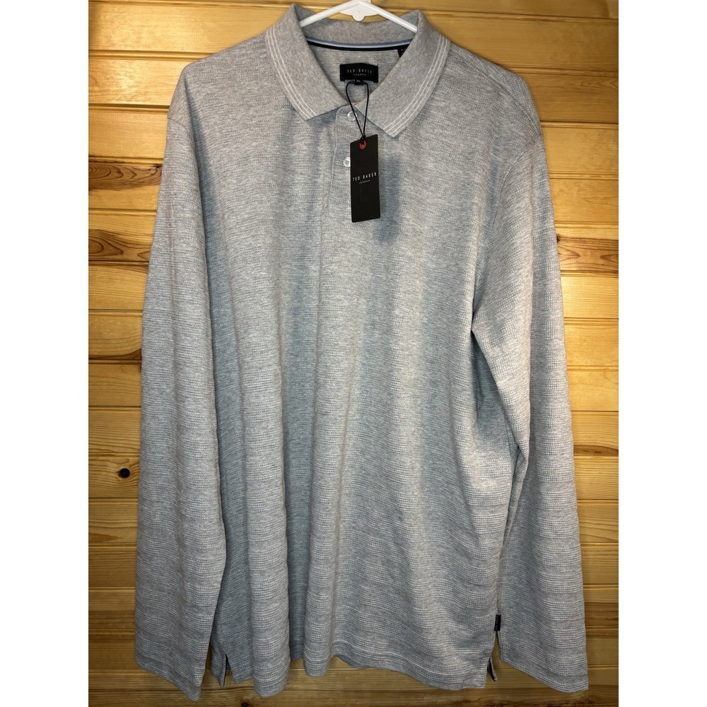 Ted Baker London Popcorn Stripe Long Sleeve Rugby Polo Shirt Grey XL NWT $165 - Picture 2 of 8